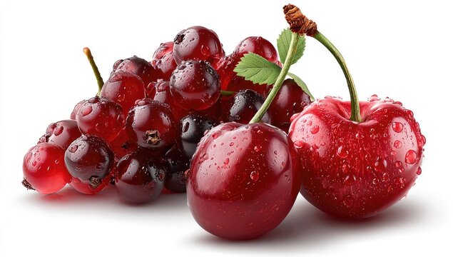 Fresh red cherries and red currants, glistening with water droplets, on a white background