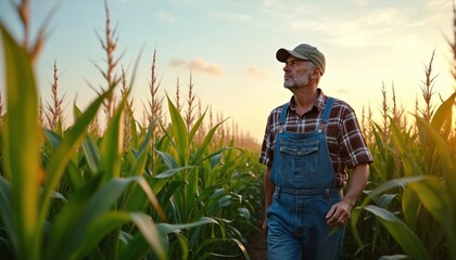 Middle aged farmer walks through maize field at sunset. Man inspects corn plants looking up. Farm worker checks crop growth during golden hour in rural area. Senior agronomist checking healthy farm