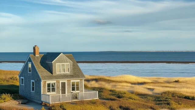 A charming coastal cape cod house with a gray exterior, situated near a calm sea and sandy beach, surrounded by tall grass and a clear blue sky