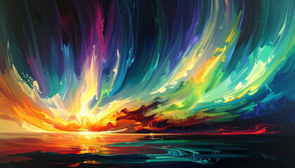 Abstract painting of a colorful sky over water, with vibrant brushstrokes and a horizon line.