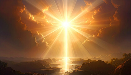 A brilliant sun bursts through clouds, illuminating a serene landscape below.