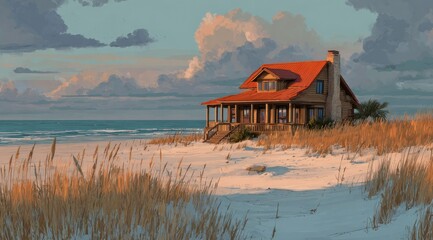 Coastal beach house at sunset