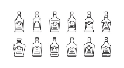 Collection of twelve outline liquor bottle silhouettes with labels in a grid pattern
