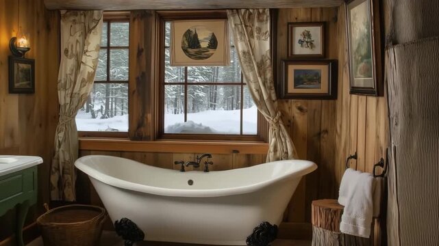 A cozy cape cod bathroom featuring a vintage freestanding bathtub, wooden walls, and large windows with a snowy landscape outside
