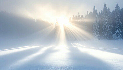 Sunlight streams through a snowy forest, casting long shadows across a snow-covered field.