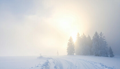 Snowy landscape with trees shrouded in mist and a bright, ethereal light.