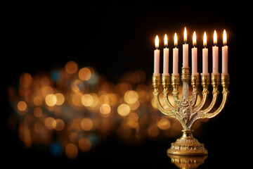 luxury hanukkah menorah with glowing candles in elegant interior setting, ornate metal design reflected on polished surface, festive jewish holiday symbol for celebration decor and seasonal greeting 