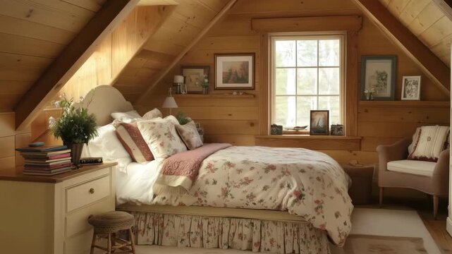 A cozy cape cod bedroom in an attic with wooden walls, featuring a double bed with floral bedding, a small nightstand, and a comfortable chair by the window