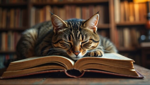 Striped cat sleeps on an open book in library. Domestic feline rests peacefully indoors. Resting animal lays on vintage textbook in cozy atmosphere surrounded by books.