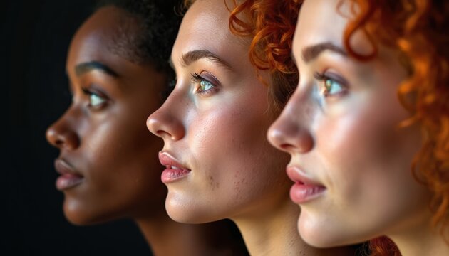 Three women with diverse skin tones, unique facial features presented in profile. Individual displays subtle expression natural beauty, personal characteristics. Image focuses on nuanced details of