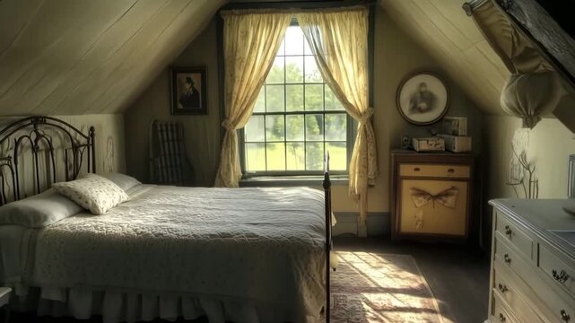 A cozy cape cod bedroom with a large window, featuring a bed with white linens, vintage decor, and soft sunlight streaming in