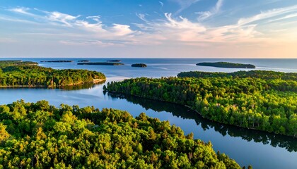Fototapeta premium Aerial view of a green, forested island chain under a blue sky with scattered clouds over a calm body of water