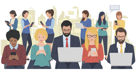 digital communication diverse people engaging with modern technology devices in an urban setting illustrating connectivity and teamwork.