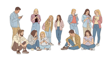 diverse group of young adults happily using smartphones connecting and socializing illustrating modern digital communication and youth culture.