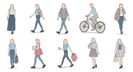 line art young women daily activities walking cycling shopping with bags. perfect for diverse lifestyle vector designs.