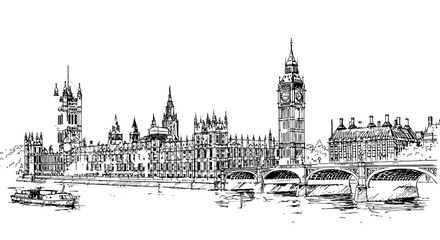Fototapeta premium london landmarks sketch big ben houses of parliament westminster bridge over thames river perfect for illustrating british travel.