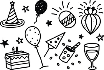 Hand-drawn birthday party icons: cake, balloons, hats, and drinks