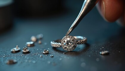 Jeweler uses precision tool to set sparkling diamond into silver ring. Elegant handcrafted engagement ring features large central gem surrounded by many smaller stones. Craftsman works carefully on