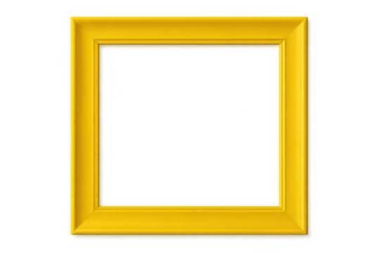 Yellow square picture frame, empty template with blank space, golden border for art or text on transparent background