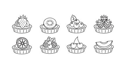 Collection of eight unique fruit topped cupcakes in a simple line drawing silhouette