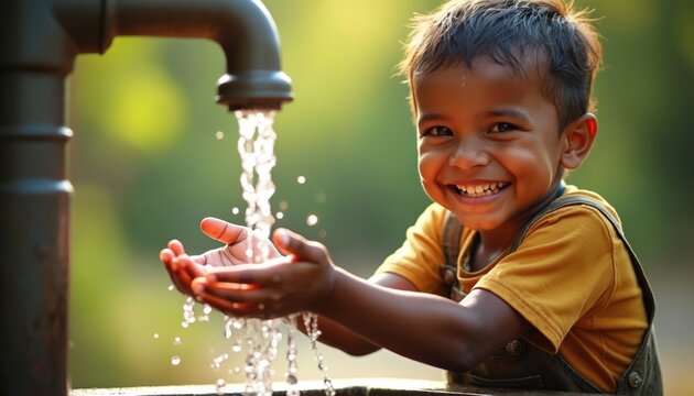 Smiling young child washes hands under flowing tap water. Kid learns hygiene, fresh clean liquid for health. Global water day theme, saving resource importance.