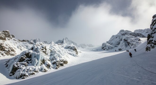 Snowy Mountain Landscape with Cloudy Sky and Rocky Outcrops.