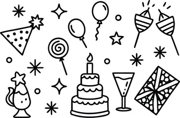Hand-drawn birthday party elements vector icon set outline