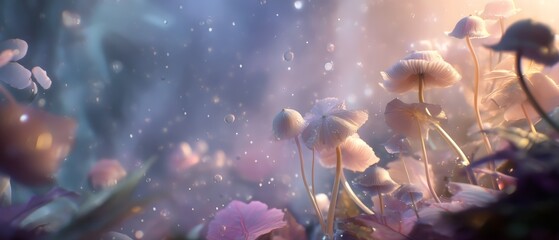 Whimsical Dreamlike Environment with Misty Fog and Rolling Mushrooms