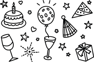 Hand drawn birthday party elements including cake, balloon, gift, and hat