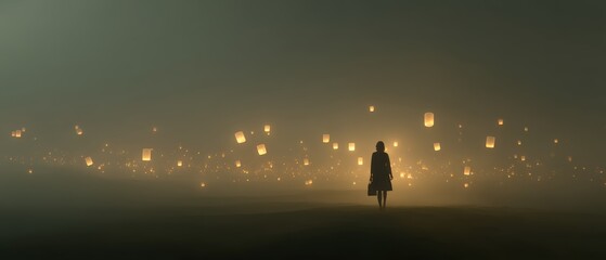 Dreamlike Silhouette Against Glowing Lanterns in Misty Atmosphere