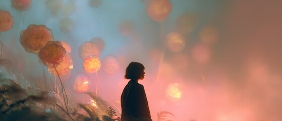 Dreamlike Silhouette in Whimsical Glowing Misty Landscape