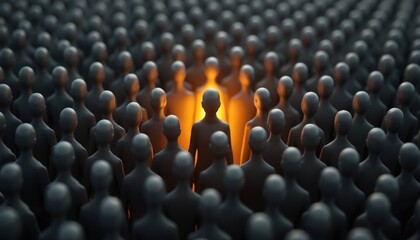 Obraz premium One person glows brightly in large crowd of dark figures. Individual stands out, unique talent, leadership, difference. Represents success, creativity, power of one special idea among many people in