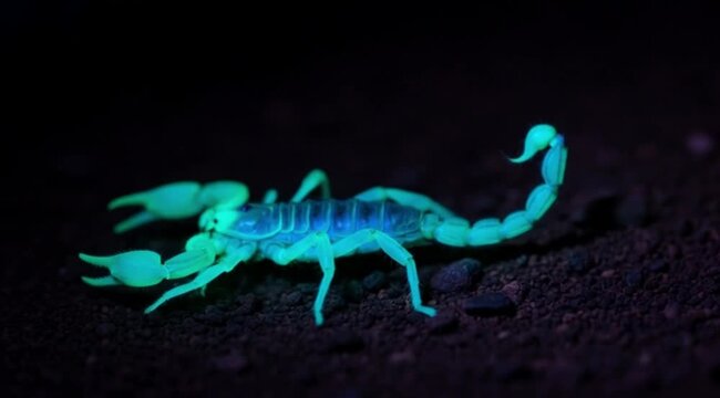Glowing scorpion moving across dark surface