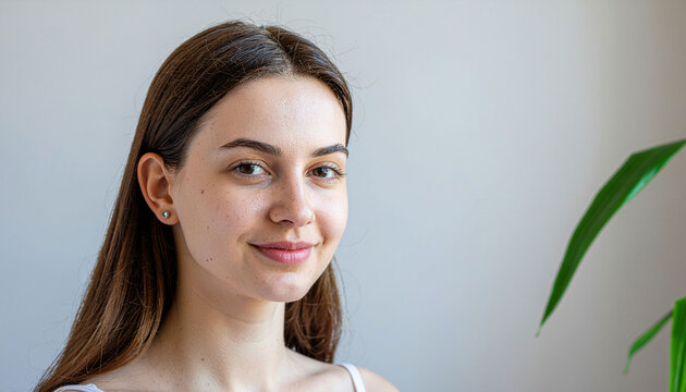 Radiant young woman with natural freckles and a gentle smile, exuding confidence and approachability in a softly lit studio setting, perfect for lifestyle and beauty campaigns.