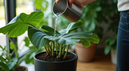 Person waters large green Monstera plant in modern room. Sunlight shines on lush foliage and healthy leaves. Indoor gardening brings peace and calm.