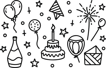 Party elements doodle set: balloons, cake, champagne, gift, fireworks