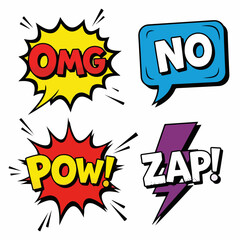 Comic Speech Bubbles OMG, NO, POW, and ZAP! Explosive Words and Phrases in a Retro Style