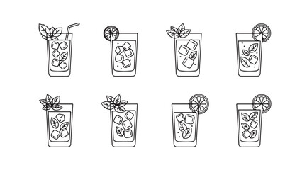 Collection of eight refreshing cocktail drinks with ice and lime silhouette