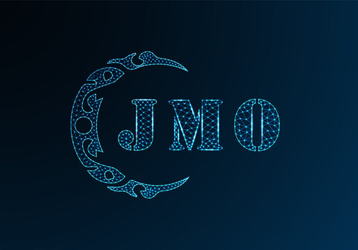 Low poly letter logo JMO design. JMO letter logo low poly vector design on blue color gradient background. JMO logo low poly design
