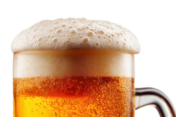 Closeup of a refreshing beer with foam on transparent background