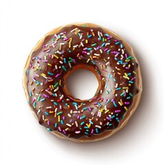 Chocolate glazed donut, topped with colorful sprinkles