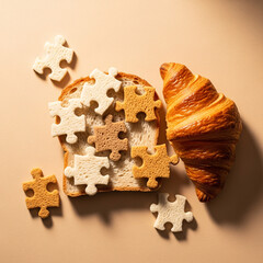Puzzle pieces on bread and croissant, conceptual breakfast arrangement
