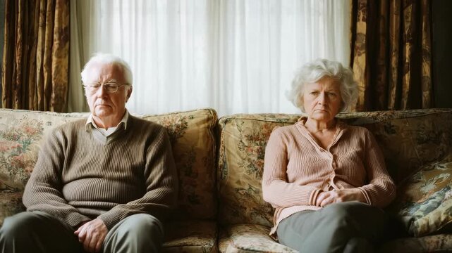 Unhappy older man and woman sitting separated on a sofa, facing marital difficulties, male potency disorders, intimate relationship problems, decreased personal activity.