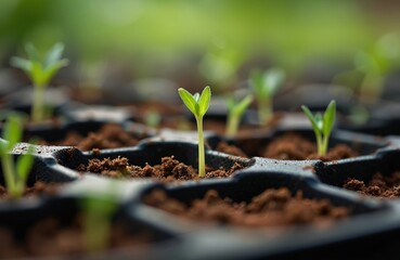 Tiny sprout emerges from peat moss in plastic seed tray. Young plant grows within container promoting new life, agricultural beginnings. Focus on germination process, representing hope, fresh start.