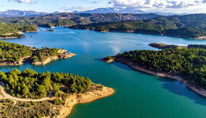 Aerial view of a vibrant turquoise lake nestled among green forested hills under a bright sky