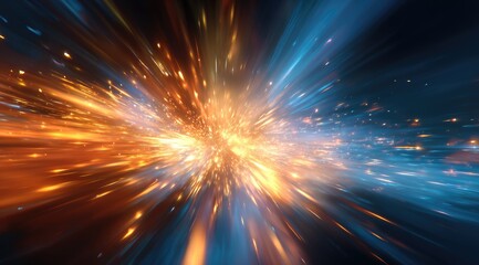 Explosive burst of vibrant orange and blue light streaks