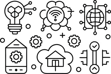 Set of vector icons representing smart technology and automation concepts