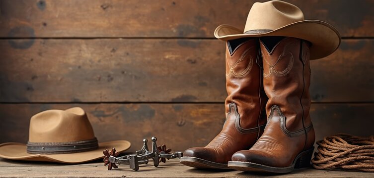 Brown leather cowboy boots and tan hat rest on wooden planks. Lariat rope and spurs nearby suggest rodeo or ranch life. Rustic western wear for horse riding.