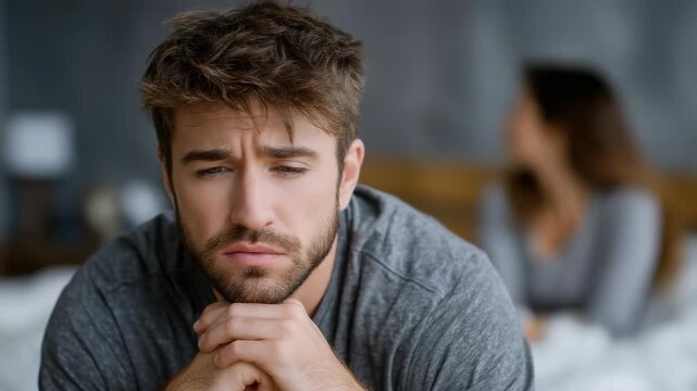 Upset man sitting, facing intimate relationship difficulties, worried about male potency problems, experiencing erectile dysfunction, decreased sexual health, personal life issues, emotional distress.