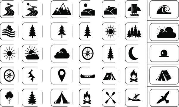 Collection of black and white silhouette icons representing nature adventure and outdoor activities